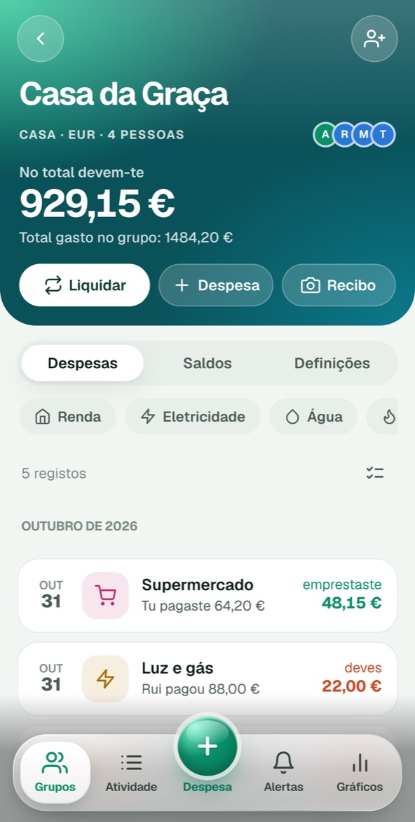 O grupo Casa da Graça na app Splittu: saldo, botões Liquidar, Despesa e Recibo, e as últimas despesas